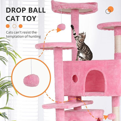 70 Inch Pink Cat Tree, Tall Cat Tower with 2 Condos, 3 Scratching Posts, Multi-Level Platforms - Sturdy Climbing Structure Tall Cat Tower for Indoor Cats