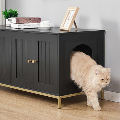 Homhedy Cat Litter Box Enclosure for 2 Cats, Cat Washroom Furniture with Double Room, Pet House with Metal Frame, 47.2”L x 17.7”W x 21.7”H, Black and Gold