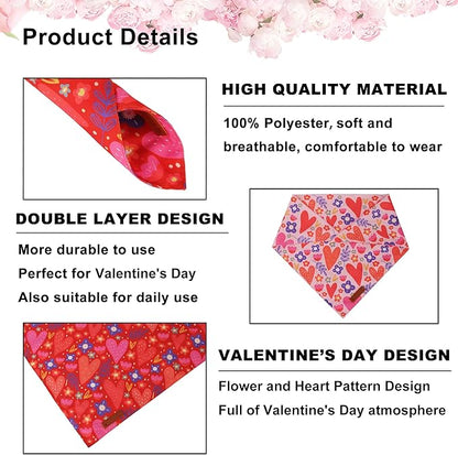 ADOGGYGO Valentines Dog Bandana 2 Pack, Heart and Floral Print Pet Scarf Bib, Adjustable Fit Red Pink Valentines Bandanas for Extra Large Dogs (X-Large)