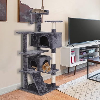 54-Inch Cat Tree for Large Cats, Sturdy Multi-Level Cat Tower with 2 Condos, Hanging Ball and Sisal Scratching Posts, Durable Cat Furniture for Indoor Cats (Dark Grey)