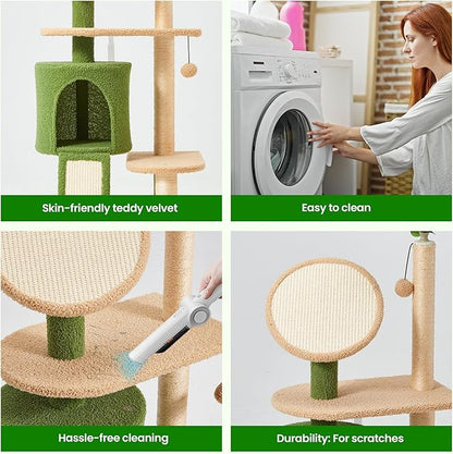 Erinnyees 57" Coconut Cat Tree for Indoor Cats, Multi Level Cat Tower with Plush Condo, Spacious Platform, Sisal-Covered Scratching Posts, Cat Activity Center with Hang Ball Toy, Pet Furniture, Green