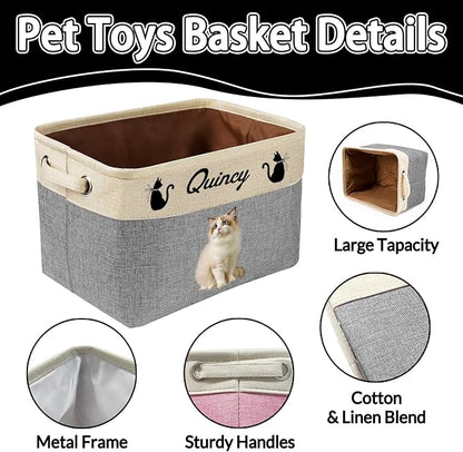 Personalized Dog Toy Storage Basket Custom Dog Name Photo Cat Pet's Gift Baskets Collapsible Organizer Box Foldable Storage Basket with Handle for Toys, Coats, Clothing, Blankets, Blue