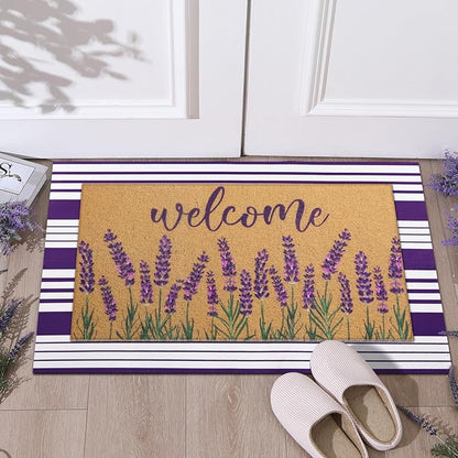 Tinideya 2 Pcs Lavender Door Mat Purple and White Stripe Welcome Non Slip Coir Mats Flower Floor Layering Doormats Seasonal for Front Porch Entryway Decor(Lavender)