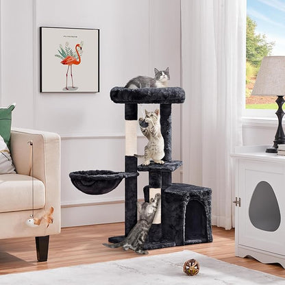 Topeakmart Cat Tree Tower for Indoor Cats, 34.5in Cute Cat Tree Activity Center with Condo & Scratching Post, Multi-Level Cat Climbing Tower Play House w/Large Perch, Platform, Basket, Black