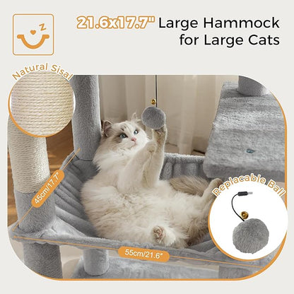 54" Cat Tree with Big Hammock 21x17” XL Cat Tower with Scratching Posts Featuring Large Top Bed, Scratcher Pad, Spacious Condo House and Detectable Ball for Indoor Cats-Large Gray