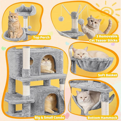Yaheetech Cat Tree, 67in Large Tower w/ 3 Removable Teaser Sticks, 2 Kitten-Ear Shaped Perches, 2 Condos, Hammock, Scratching Post, Multi Level Pet House, Light Gray