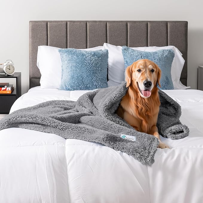 PetAmi Fluffy Waterproof Dog Blanket for Bed Large Dogs, Soft Warm Pet Sherpa Throw Pee Proof Couch Cover, Reversible Cat Blanket Sofa Crate Kennel Protector, Washable Mat Queen (Light Grey, 90x90)
