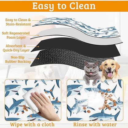 Shark Dog Food Mat,Wild Fish Absorbent Pet Feeding Mat for Food and Water Bowl,Quick Dry Dog Placemat Non Slip Rubber Backing Waterproof Pet Supplies 16" x 24"