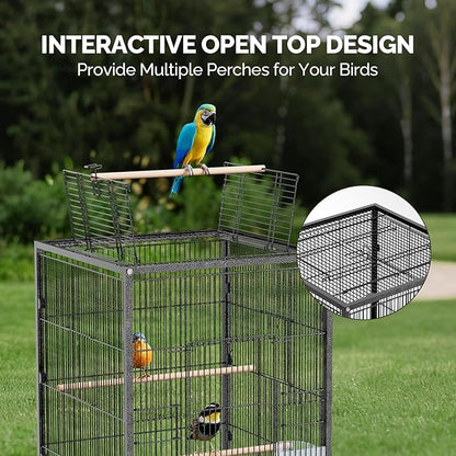 VINGLI Bird Cage with Wheels, Durable Wrought Iron Parakeet Cage with Slide Out Tray, Black Bird Cages for Parakeets/Lovebird/Cockatiels/Budgies and Other Small/Medium Birds (Medium-38 inch)