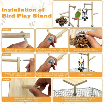 PINVNBY 3 PCS Wooden Small Bird Playground for Top of Cage, Wood Parrot Stands Perch Birds Gym with Hanging Chewing Toys Bird Cage Accessories for Parakeet Conure Love Birds Budgie