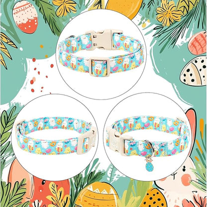 Easter Dog Collar for Small Dogs - Cute Easter Egg Hunt Dog Collars for Boy Girl Dogs, Playful Bunny & Chick Print, Lightweight Adjustable Spring Holiday Dog Collar S