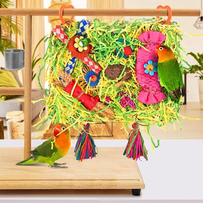 KATUMO Bird Toys - Large-Sized Grass Mat with Colorful Parrot Foraging Shredder Hanging Toys for Conure and Other Birds