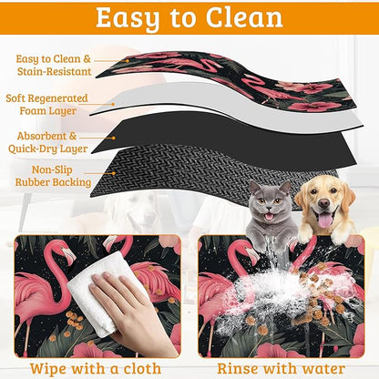 Pet Feeding Mat,Pink Flamingo Absorbent Dog Cat Food Mat Palm Leaves Dog Mat with Rubber Backing,Non-Slip Water Bowl Placemat,Pet Supplies 12" x 20"