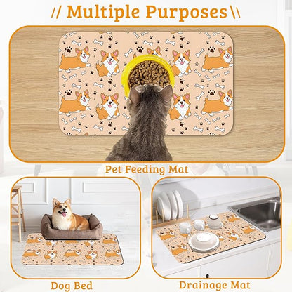 Corgi Feeding Mat,Cute Dogs Absorbent Quick-Dry Cat Dog Food and Water Bowl Mats,Non-Slip Rubber Backing Mat,Cat Dog Accessories Supplies 16" x 24"