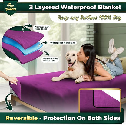 Paw Buddies Waterproof Blanket 80"x90" – Reversible Microfleece Throw for Couples, Pets & Family – Leakproof, Machine Washable Bed & Sofa Protector for Home or Travel