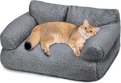 Large Cat Beds for Indoor Cats, Dog Couch Bed, Cute Cat Couch Sofas for Less 20lbs Kitten Puppy, Small Dog Sofas & Chairs with Removable Washable Cover, Soft Warm Pet Furniture, Gray