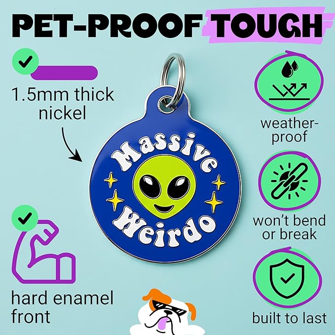 Bad Tags Personalized Dog and Cat ID Tags in 25+ Designs and 2 Sizes - 5 Lines of Custom Engraved Text - Funny Cute Personalized Pet Tags (Massive Weirdo, Large (1.25 inch))