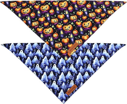 Realeaf Halloween Dog Bandanas 2 Pack, Pumpkins and Ghosts Pet Scarf for Boy and Girl, Premium Durable Fabric, Holiday Bandana for Small and Medium Dogs Pets (Small)