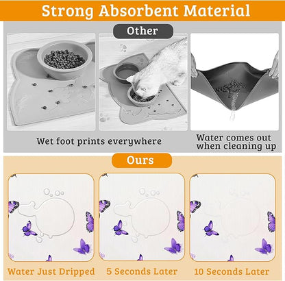 Pet Feeding Mat,Lavender Butterfly Absorbent Dog Cat Food Mat Purple Dog Mat with Rubber Backing,Non-Slip Water Bowl Placemat,Pet Supplies 16" x 24"