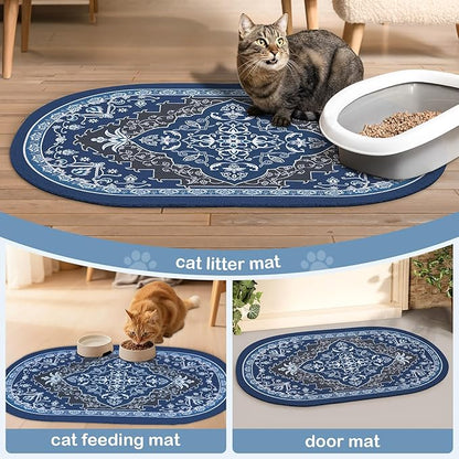 Bienbee Cat Litter Mat, 33" x 22" Large Size Litter Box Mat Rug with Non-Slip Bottom,Urine and Water Proof, Easy to Clean Cat Supplies Essentials for Indoor Kitty Kitten Floor,Navy Geometric L