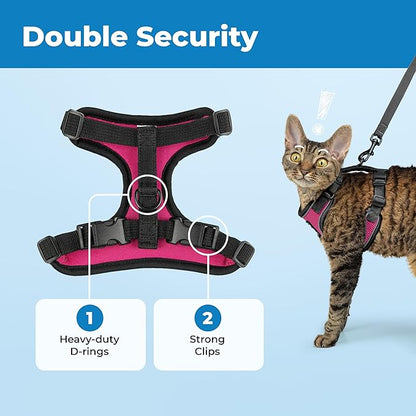Voyager Escape-Proof Step-in Lock Cat Harness & 5ft Neoprene-Handle Leash Set All-Weather Mesh with Reflective Stitching for Small to Large Cats by Best Pet Supplies, Black Trim-Fuchsia (327), XS