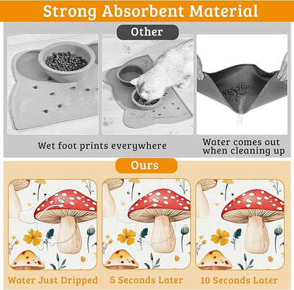 Pet Feeding Mat,Mushroom Absorbent Dog Cat Food Mat Flowers Dog Mat with Rubber Backing,Non-Slip Water Bowl Placemat,Pet Supplies 16" x 24"