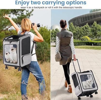 Extra Large Pet Carrier Backpack with Wheels Cats Under 30 Lbs, for Dogs Puppies Rabbits Other Animals Under 25 Lbs, Great for Travel/Hiking/Outdoor Use