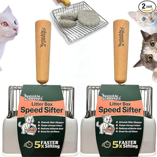 2 PACK Sprinkle & Sweep Metal Cat Litter Scoop - Heavy Duty Litter Scooper & Speed Sifter with Comfortable Beech Wood Grip - Washable Convenient Stand for Easy and Efficient Cleaning