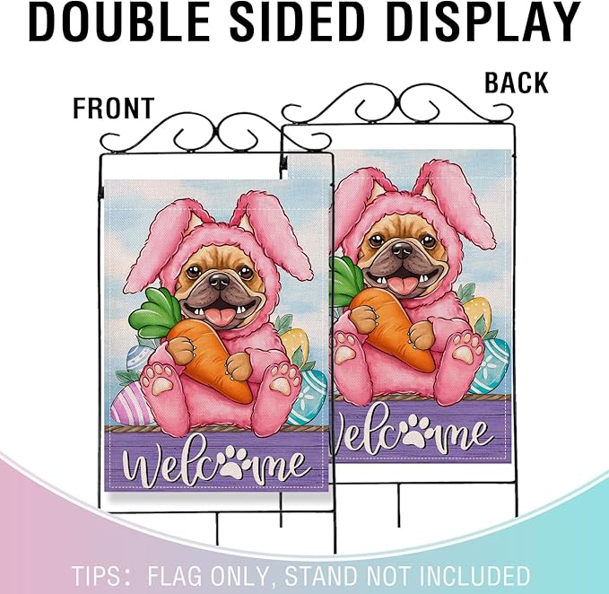 Artofy Welcome Easter Bunny Dog Large Decorative House Flag, French Bulldog Rabbit Yard Garden Outside Decor Pet Owner Lover Gift, Spring Carrot Egg Burlap Outdoor Home Decoration Double Sided 28 x 40