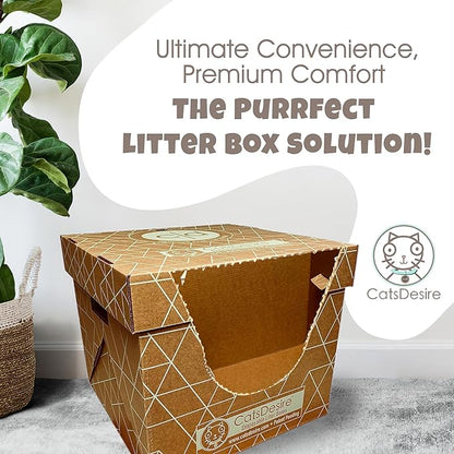 Cats Desire Litter Box - Disposable Litter Boxes for Cats (3 pcs) - Top/Low Entry & Enclosed Box - Teal on Natural Brown, Partially Recycled Cardboard, 17" L x 17" W x 15.25" H