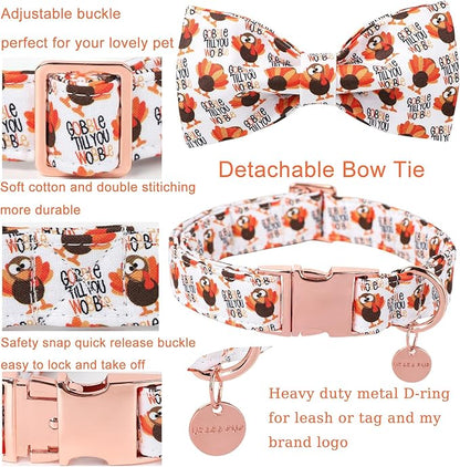 Thanksgiving Dog Collar with Bow Tie, Turkey Cotton Bowtie Collar for Puppy Girl Dog or Cat, Autumn Bow Tie Collar with Durable Metal Buckle, Turkeys Pet Collar,M, Neck 13.5-22in
