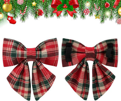 Christmas Plaid Dog Collar with Bow Tie– Adjustable Red & Green Checkered Dog Collar for Small Medium Large Dogs, Soft Xmas Plaid Puppy Collars with Quick Release Buckle XS