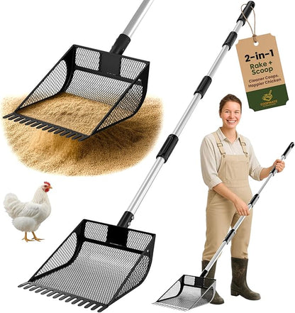 2-in-1 Chicken Coop Poop Scooper and Rake - Metal Sand Sifting Litter Scoop Shovel with Angled Basket and Micro-Sized Diamond Mesh to Catch The Smallest Farm Animal Droppings - Adjustable 12" to 53"