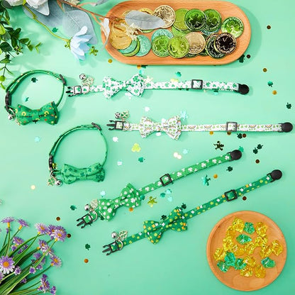 Hsei 6 Pcs St. Patrick's Day Cat Collar Bulk with Bow Tie Bell Irish Lucky Shamrocks Clover Green Hats Rainbows Kitten Adjustable Breakaway Bowtie Collar for Cats Small Dog Holiday Party Favors Gifts