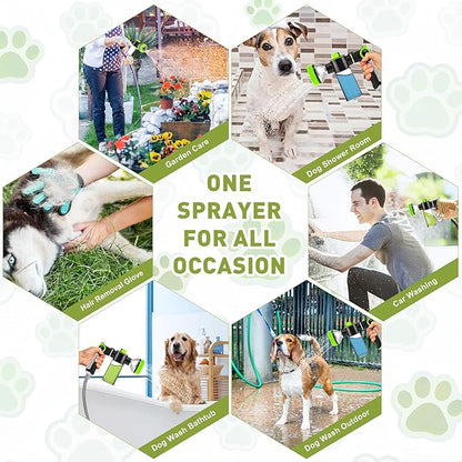 Dog Washing Hose Attachment - Dog Shower Attachment with 3-Way Diverter and 6.56FT Shower Hose, 8-in-1 Water Nozzle Soap Sprayer for Pet Bathing and Garden Nozzle, Pet Grooming Glove