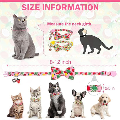 Cat Collar with Bell Bow Tie Fruit Breakaway Bowtie Cat Collar for Spring Summer, Adjustable Safety Kitten Collars with Removable Bowtie & Charm for Boys Girls Male Female Cats