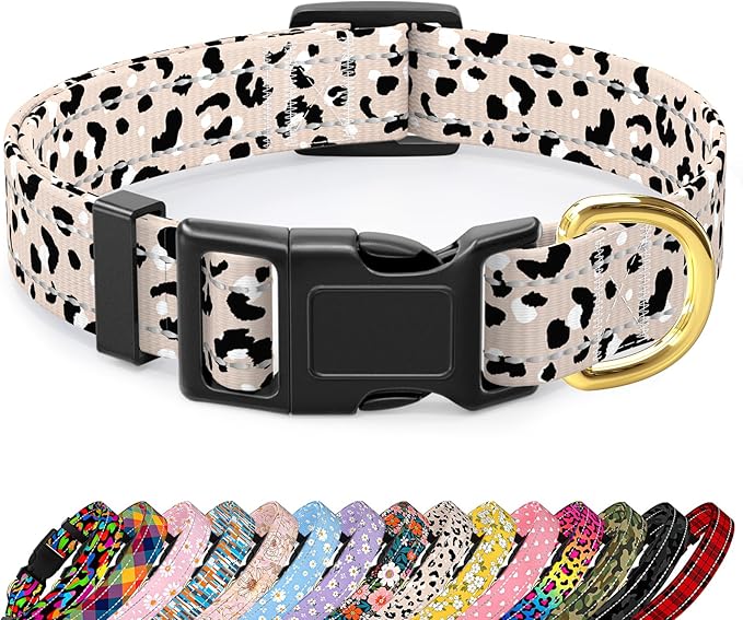 Reflective Dog Collar for Small Dogs, Cute Leopard Style Adjustable Heavy-Duty Nylon Puppy Collar for Boy and Girl Female, Soft Pet Accessories with Quick Release Buckle, Beige