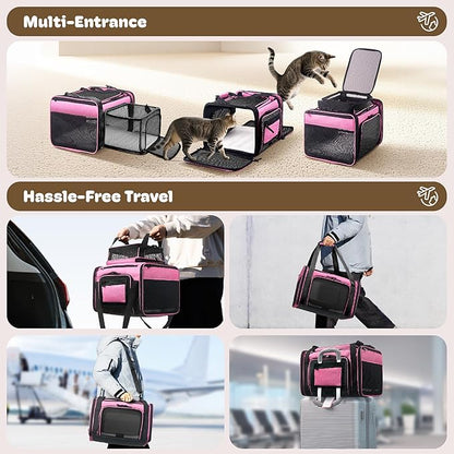 Top and 2 Sides Expandable Pet Carrier 17x11x9.5, TSA Airline Approved Small Dog Carriers for Small Dogs, Soft-Sided Cat Carrier with Self-Locking Zippers for Kitten,Rabbit, Puppy, Guinea Pig Pink