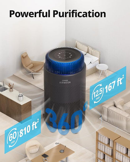 COWAY Air Purifiers for Bedroom Home up to 810 ft², HEPA Filter for Smoke, Allergies, Pet Dander, Odor, AQI Monitor, Auto&Sleep Mode, Timer, Filter Indicator, Night Light, 3yr Warranty, 100 Black