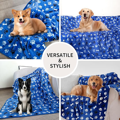 Dog Blanket Paw Bone Pattern 1 Pack 2 Super Soft Warm Flannel Sofa Cover Car Bed Protector, Urine Proof Washable Outdoor Pet Blanket for Puppy Large Dogs & Cats,60"*50" Blue