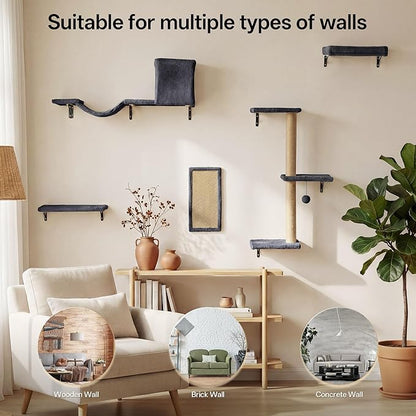 MEWANG 5-in-1 Cat Wall Shelves: Cat Climbing Furniture with Wall Mounted Perch & Lounge for Indoor Cats, Space-Saving Wall Pet Shelves for Play & Rest - Grey