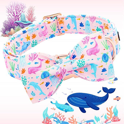 Lionheart glory Dog Bow Collar Sea Animals Print Pink Dog Collar for X-Large Dogs,Female Male Dog Collars with Bowtie Spring Summer Collars Soft Adjustable Pet Collar Bows