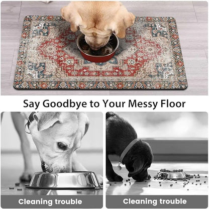 Dog Food Mats for Floors, Absorbent and Quick-Drying Pet Cat Food Mat,Anti-Fouling and Easy-to-Clean Pet Feeding Mat,Dog Bowl Mat for Messy Drinking Water Bowls.17 x27, Bohemia Style