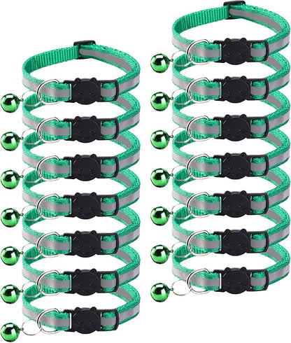 14 Pack Breakaway Cat Collar with Bell, Reflective Kitten Collar for Girl Boy Cats, Safety Buckle Adjustable 7.5-12.5 Inch, 0.4 Inch Width Lightweight, Pet Gifts (Green)