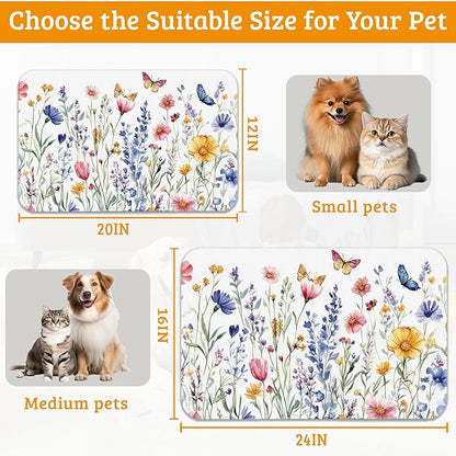 Flowers Butterfly Dog Food Mat,Colorful Absorbent Pet Feeding Mat for Food and Water Bowl,Quick Dry Dog Placemat Non Slip Rubber Backing Waterproof Pet Supplies 16" x 24"