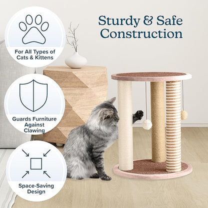 Cat Scratching Post - 3 Scratcher Posts with Carpeted Base Play Area and Perch - Furniture Scratching Deterrent for Indoor Cats by PETMAKER (Brown), Large