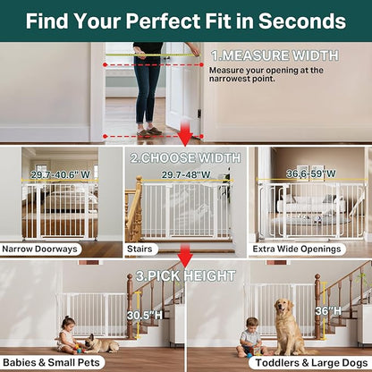 Cumbor 29.7-48" Baby Gate for Stairs, Mom's Choice Awards Winner-Dog Gates for Doorways, Auto Close Safety Pet Gate for Dogs Indoor, Easy Install Pressure Mounted Child Gate with Walk Thru Door, White
