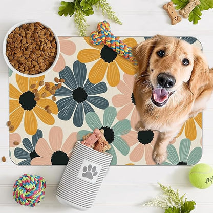Abstract Daisy Flower Dog Food Mat for Floors,Retro Groovy Flowers Absorbent Pet Food and Water Bowl Mats,Non-Slip Pet Feeding Mat,Pet Supplies 12" x 20"