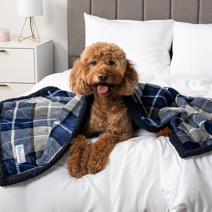 PetAmi Waterproof Dog Blanket for Medium Large Dog Puppy Cat Throw for Couch Cover Leakproof Protection, Sherpa Fleece, Reversible Soft Washable 60x40 Plaid Navy Blue