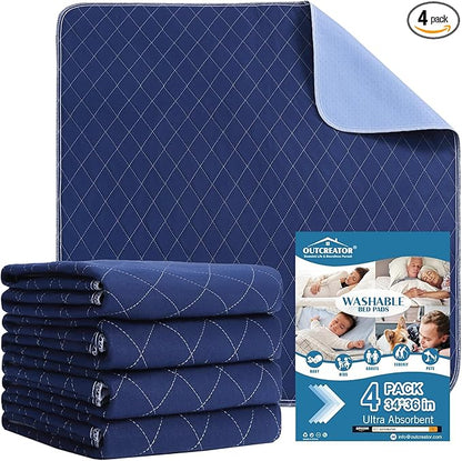 OUTCREATOR® Washable Bed Pads 34" x 36" (Pack of 4), Incontinence Mattress Protector, Anti-Slip Waterproof Underpads for Adults Kids Elderly Pets, Absorbency & Reusable Bedwetting Pads (Dark Blue)